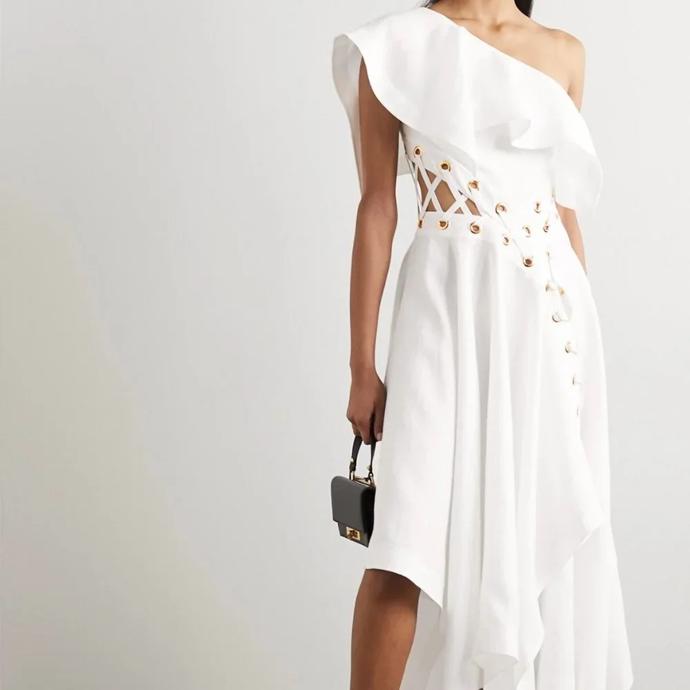 ALEXANDER MCQUEEN One-shoulder eyelet-embellished ruffled linen-poplin dress - Picture 1 of 4